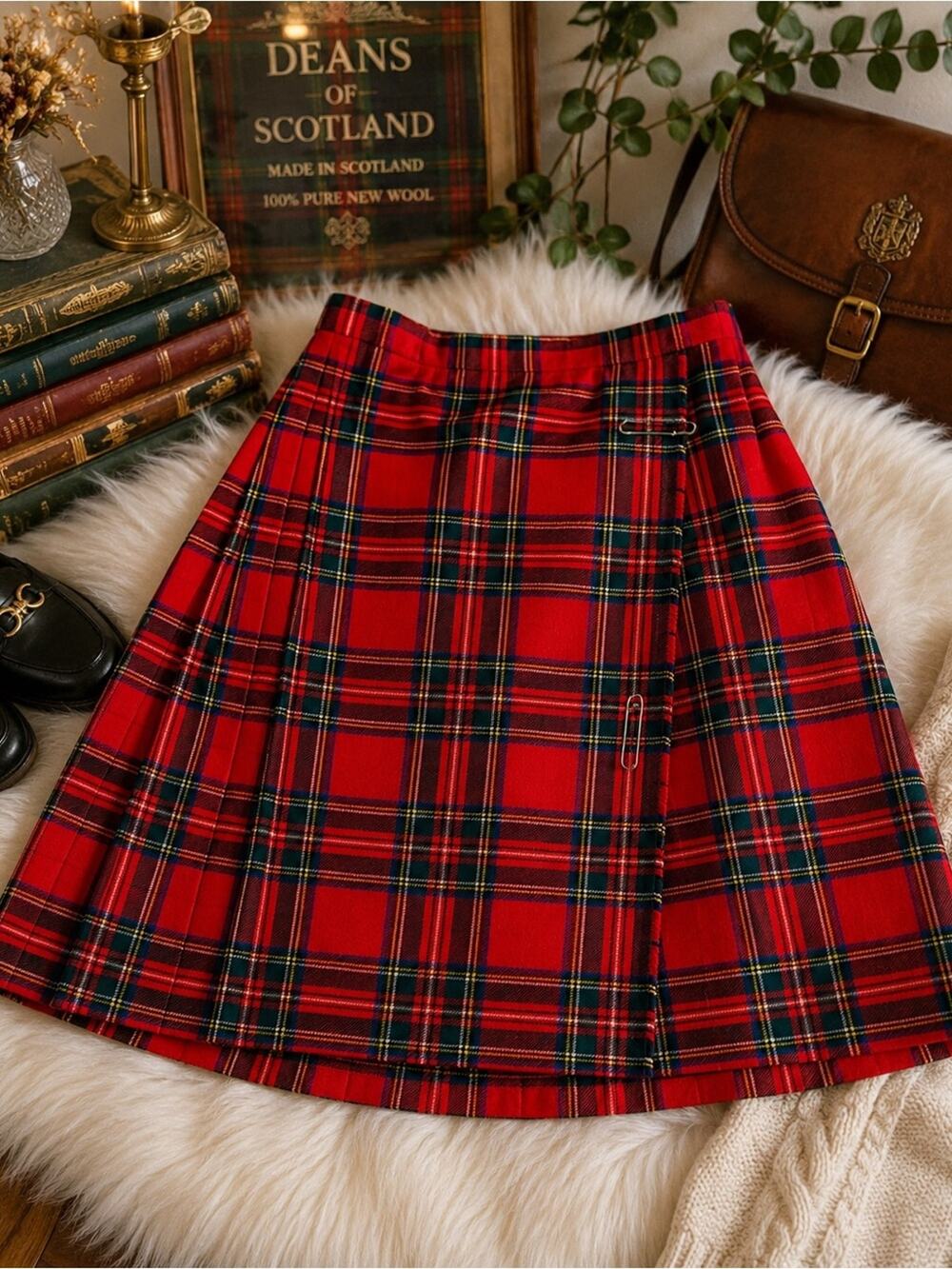 Vintage Deans of Scotland Red Plaid Wool Kilt Skirt Size 14 Made in Scotland